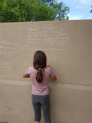 I have always made sure to have chalk at home for that very reason. My children drew on our walls outdoors, on the paving with no worries. I always use to tell them that the rain or hosepipe will clear it away.
Now that they are older, they sometimes go outside with their chalk and make notes or practice work that they need to know for a test or exam.