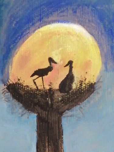 Two birds on moonlight