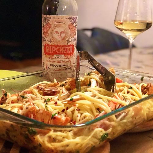 Linguine met langoustines en gamba’s. 