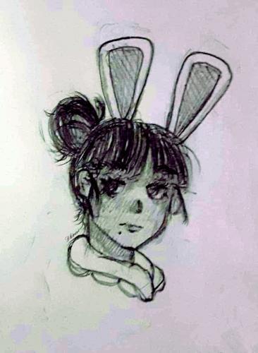 Tekening van een jongedame met een konijn