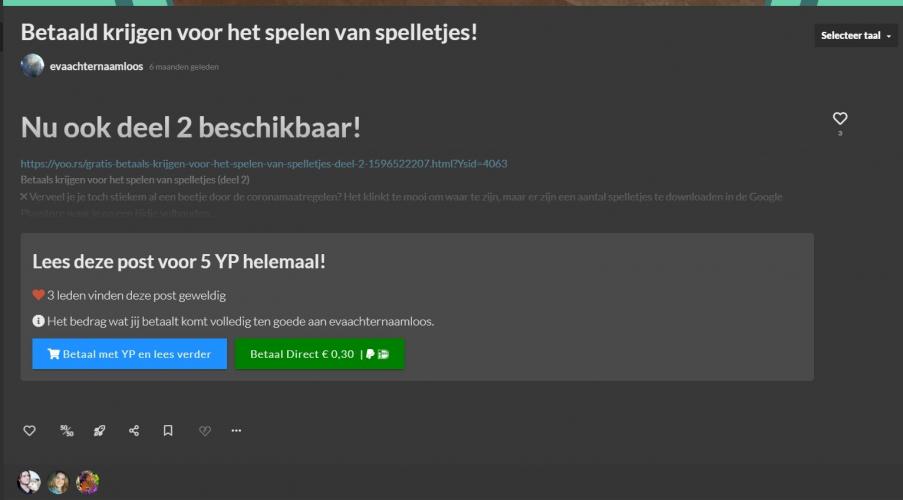 Zelf heb ik de optie nog niet (echt) gebruikt. Ik zie zeker heel veel mogelijkheden en vind de optie heel mooi bedacht. 
En ben het volkomen met je eens dat het meer gebruikt zou moeten worden. Vooral wat je schrijft voor het aanbieden van een cursus, een bepaalde video die vrij uniek is. E-books, enz... Ik heb het gevoel dat er nog veel en veel meer is maar dat we er samen nog niet op komen...Als ik heel eerlijk mag zijn wat ik een beetje mis is dat je zo weinig kunt zien ( lezen) een paar zinnetjes  dan een paar vage zinnetjes en dan groot het betaald vierkant. Ik zelf zou het mooier en uitdagender vinden als ik iets meer kan schrijven bv met een foto erbij en dan de kracht van de betaald (yp) button. Dat de tekst (het zien van de post) zo uitnodigt dat je bijna niet anders kunt dan erop klikken... dat je zo nieuwsgierig bent geworden dat je bij MOET klikken ;) 
Misschien kan dit al wel hoor en heb ik het niet goed uitgevogeld. Ik kan dit natuurlijk zelf oplossen door eerst een post te maken met die uitgebreide post en dat mooie plaatje en dan daar weer die link in zetten die verwijst naar de PPP maar zou het zo gaaf vinden als dat in een x kan. Hoop dat je snap hoe ik het een beetje bedoel. ;) hieronder ene een vb. wat ik bedoel met weinig test en alleen dat vierkant .