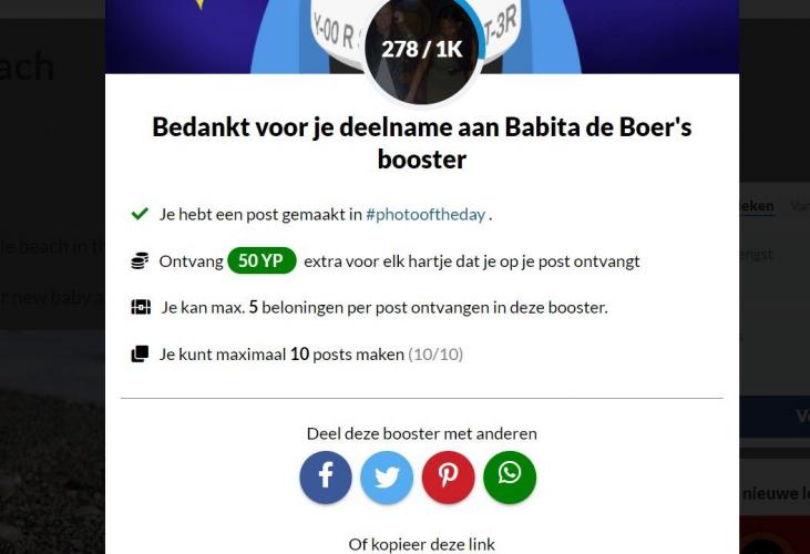 <a class="removable-mention" translate="no"  href="/useroverview/1/Henkjan de Krijger" data-mentionid="1">@Henkjan de Krijger</a>&nbsp;Bij de boosters is er nog wel het probleem van de telling als je een booster gewijzigd hebt.
Bij <a class="hashtag" data-tag="photooftheday" href="/tag/photooftheday">#photooftheday</a> werkt de booster na 2 posts al niet meer en vandaag heb ik deze screenshot gemaakt waarop te zien is dat mijn teller al op 10 staat.