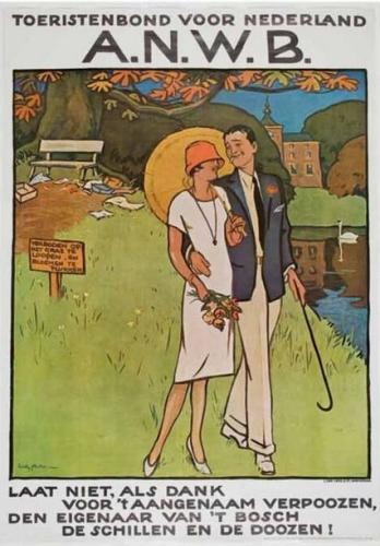 Waar het aan ontbreekt is handhaving. ‘Laat niet als dank’ Campagne tegen zwerfvuil

In 1928 verspreidde de ANWB een affiche tegen zwerfvuil, ontworpen door Willy Sluiter. Het door hem ontworpen affiche zou iconisch worden.

In 1916 startte de ANWB met campagnes tegen zwerfafval. In dat jaar verspreidde de ANWB voor het eerst posters tegen het achterlaten van afval in natuurgebieden. Tijdens de aanleg van rijwielpaden en bij het uitzetten van langeafstandswandelpaden kreeg de ANWB namelijk klachten van eigenaren van landgoederen en bossen. Ze waren boos dat toeristen papier, blikjes, dozen en flessen achterlieten. Grondeigenaren waren bang dat wanneer ze meer toeristen zouden toelaten, hun terreinen ernstig vervuild zouden raken.