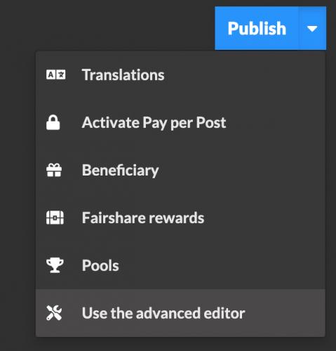 <a class="removable-mention" data-mentionid="159690" href="/useroverview/159690/AdriaanHSmith">@AdriaanHSmith</a> 
1. Click on the arrow next to the publish button, this will open extra options
2. Click on "Use the advanced editor"&nbsp;&nbsp;(last option)
3. You will be redirected to the&nbsp;&nbsp;advanced editor