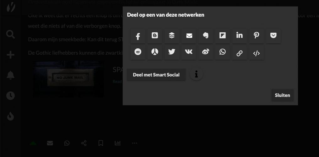 <div><a class="removable-mention" data-mentionid="117432" href="/useroverview/117432/Gele%20Hesjes%20%F0%9F%94%94">@Gele Hesjes 🔔</a> Ik heb het geupdate.</div><div><br></div><div>En je deelknop zit er nog, Die zit tussen whatsapp en bookmark. Je moet wel ingelogd zijn om ze te zien momenteel. Als je op die deelknop  klikt, zie je alles weer<br></div>