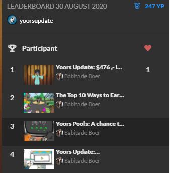 <a class="removable-mention" data-mentionid="23816" href="/useroverview/23816/Dana">@Dana</a> Deze regel betekent in het kort: er moet iemand anders dan jezelf meedoen op die dag. Dus zie je iemand anders dan jezelf meedoen, dan weet je dat er een winnaar getrokken zal worden.

Dus om op te sommen:
- Elke unieke auteur op het scorebord van vandaag geldt als 1 deelnemer. 
- Het maakt niet uit hoeveel stemmen je hebt gehaald vandaag, je bent toch deelnemer. 
- 2 of  meer mensen hebben dus die entreeprijs moeten betalen om mee te doen vandaag.
- Meerdere posts van dezelfde auteur in dezelfde pool gelden als 1 deelnemer.

1. Kijk bijvoorbeeld naar scorebord van <a class="hashtag ys-initiated" data-tag="yoorsupdates" href="/tag/yoorsupdates" data-action="/popovers/tagText/yoorsupdates" data-class="ys-popover-tag" data-placement="bottom" data-original-title="" title="">#yoorsupdates</a> hierboven (Foto 1).  Er zit maar 1 deelnemer in de pool (ik dus), dus geen winnaar wordt getrokken ookal ontvang ik mijn minimaal van 10 stemmen, tenzij er iemand bij komt natuurlijk.
2. Kijk bijvoorbeeld naar scorebord van <a class="hashtag ys-initiated" data-tag="fotografie" href="/tag/fotografie" data-action="/popovers/tagText/fotografie" data-class="ys-popover-tag" data-placement="bottom" data-original-title="" title="">#fotografie</a>  (Foto 2) . Hier zie je overduidelijk meer deelnemers. Er wordt wel een winnaar getrokken.