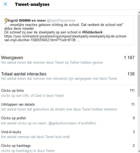 <a class="removable-mention" data-mentionid="68033" href="/useroverview/68033/Babita%20de%20Boer">@Babita de Boer</a> <a href="https://yoo.rs/nl/astrid.ijsselstein/quickpost/steekpartij-steekpartij-bij-de-school-van-mijn-dochter-1580559452.html?Ysid=8138" class="linkified" target="_blank">https://yoo.rs/nl/astrid.ijsselstein/quickpost/steekpartij-steekpartij-bij-de-school-van-mijn-dochter-1580559452.html?Ysid=8138</a> <br>Bij deze post is niet te zien dat er 100+ views via mij zijn behaald. (Ook geen YP voor ontvangen.) Namelijk door een tweet op twitter, getuige bijgaande statistieken. Er gaat bij meerderen iets mis wat (sommige) supporterviews betreft. En ook zij gebruiken de Ysid... Geen klacht maar ter info.<br><br>