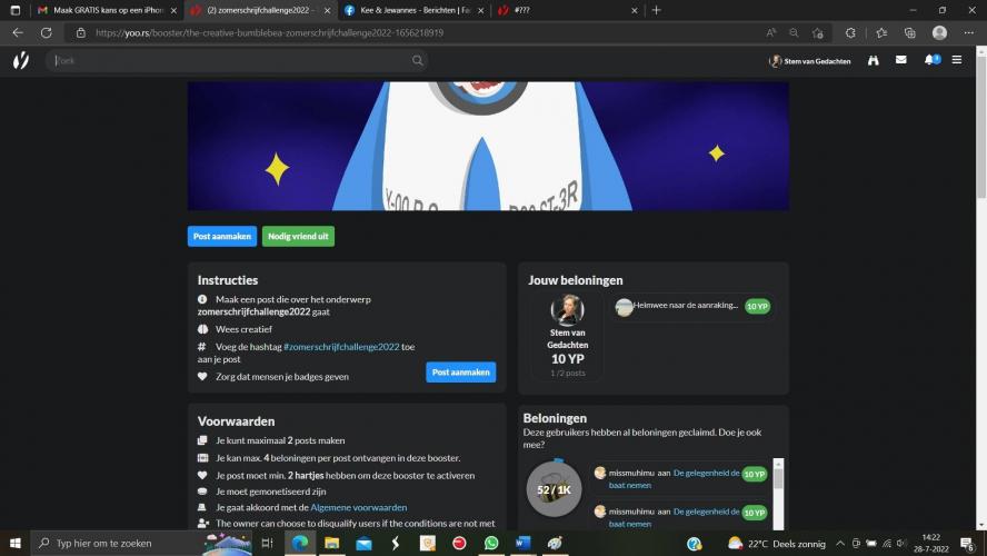 <a class="removable-mention" translate="no" data-mentionid="101989" href="/useroverview/101989/Madeleine">@Madeleine</a>&nbsp; De boosters kan ik vinden door jouw aanwijzingen...dan klik ik als voorbeeld op booster #zomerschrijfchallenge2022 en dan zie ik foto 2, maar dan stopt het....ik krijg niet de info te zien die&nbsp;The Creative Bumblebea mij toestuurde