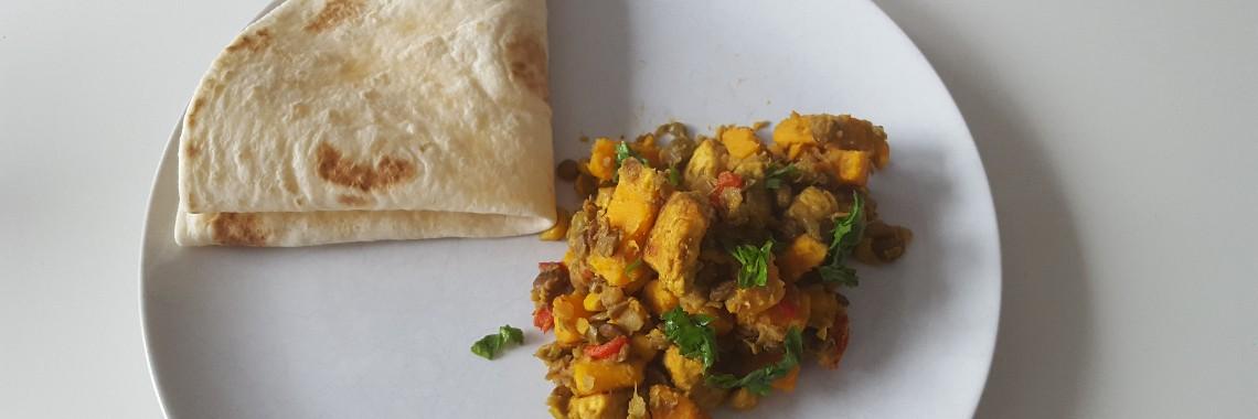 Roti met kip en zoete aardappel