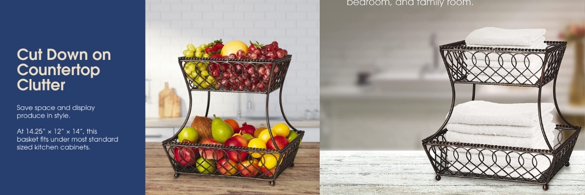 Gourmet Basics by Mikasa Loop and Lattice 2-Tier Metal Rectangular Fruit Storage Basket, 14-Inch, Antique Black | Nahidul Bd