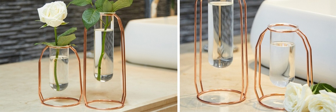 2 Centrepiece Vases with Metal Stand Cylinder- Rose Gold | Nahidul Bd