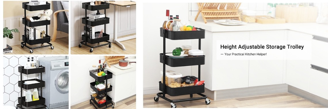 SONGMICS 3-Tier Metal Rolling Cart, Utility Cart, Kitchen Cart with Adjustable Shelves | Nahidul Bd