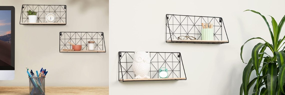 Greenco Geometric Mounted Floating, Home Decor, Metal Wire and Rustic Wood Wall Storage Shelves | Nahidul Bd