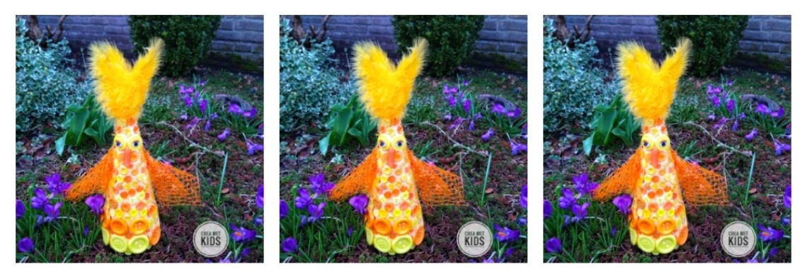 Gekke paradijsvogel kip maken van styropor en knopen | Mirelle - Crea met Kids