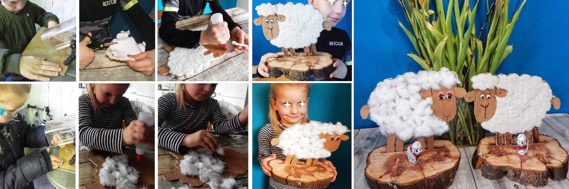 Schaapje maken van hout en bekleden met stof of met watjes | Mirelle - Crea met Kids