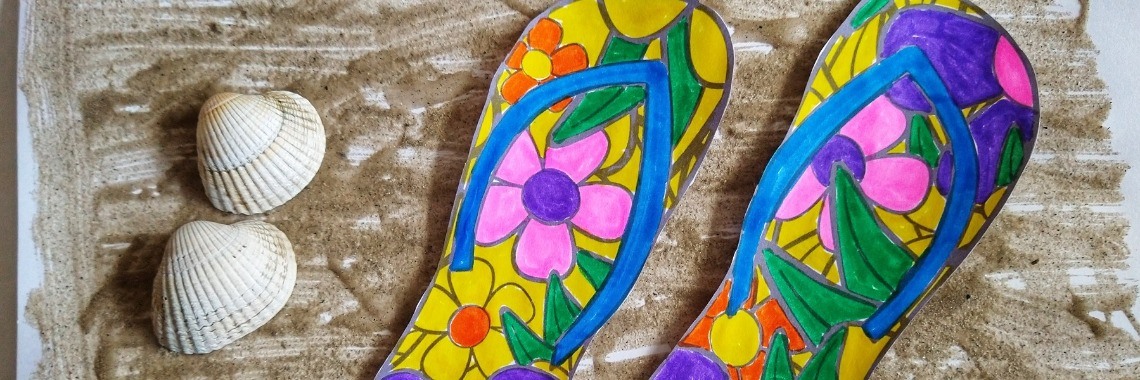 Zomerse teenslippers schilderijtje met zand knutselen | Mirelle - Crea met Kids